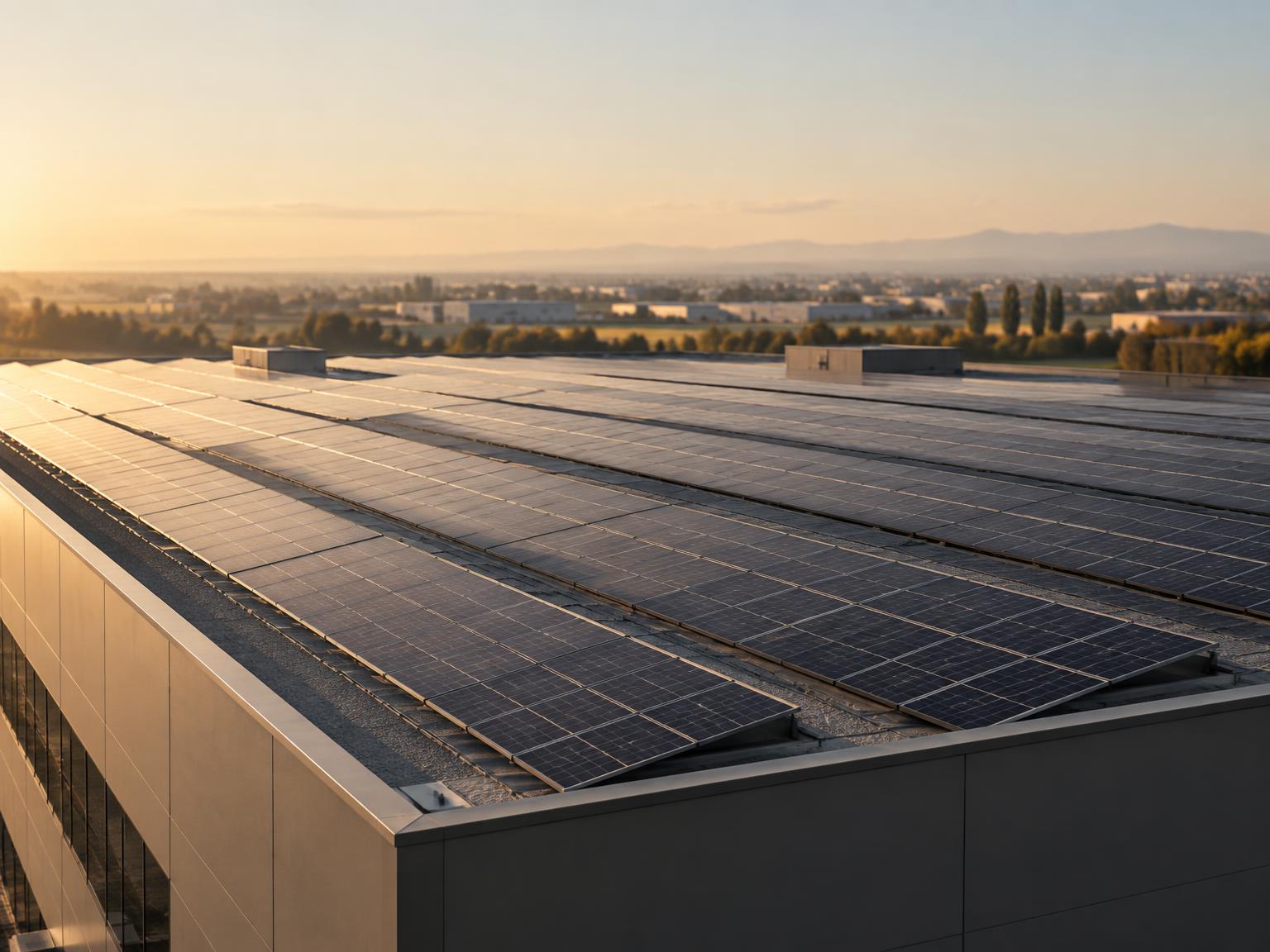 Photovoltaic panels on an industrial rooftop