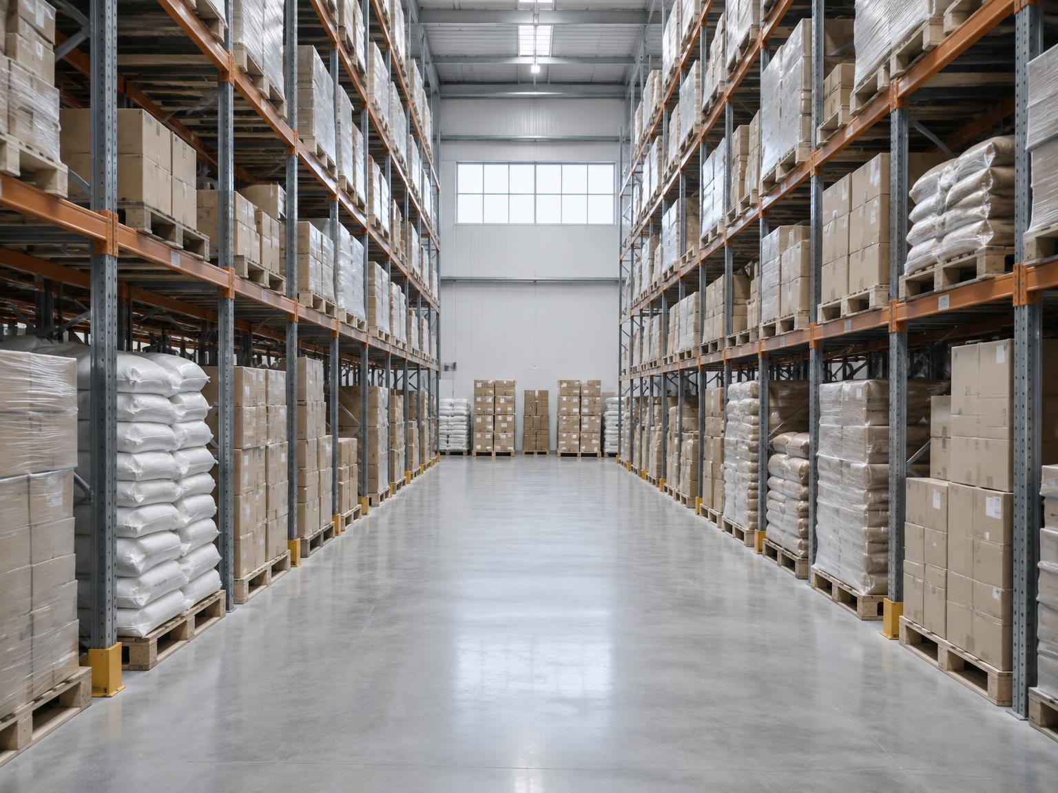 Food distribution warehouse with palletised goods